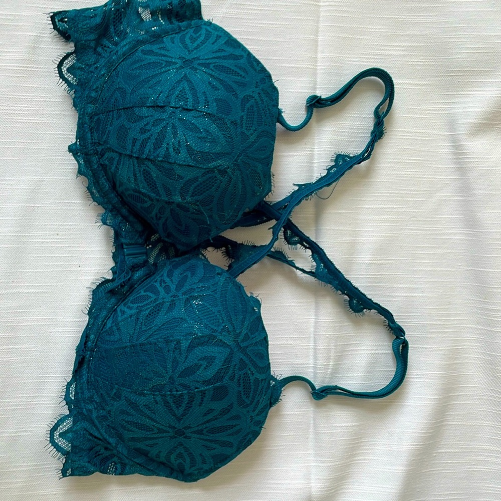 Victoria’s Secret PINK bra. Lace teal with clasp in front.